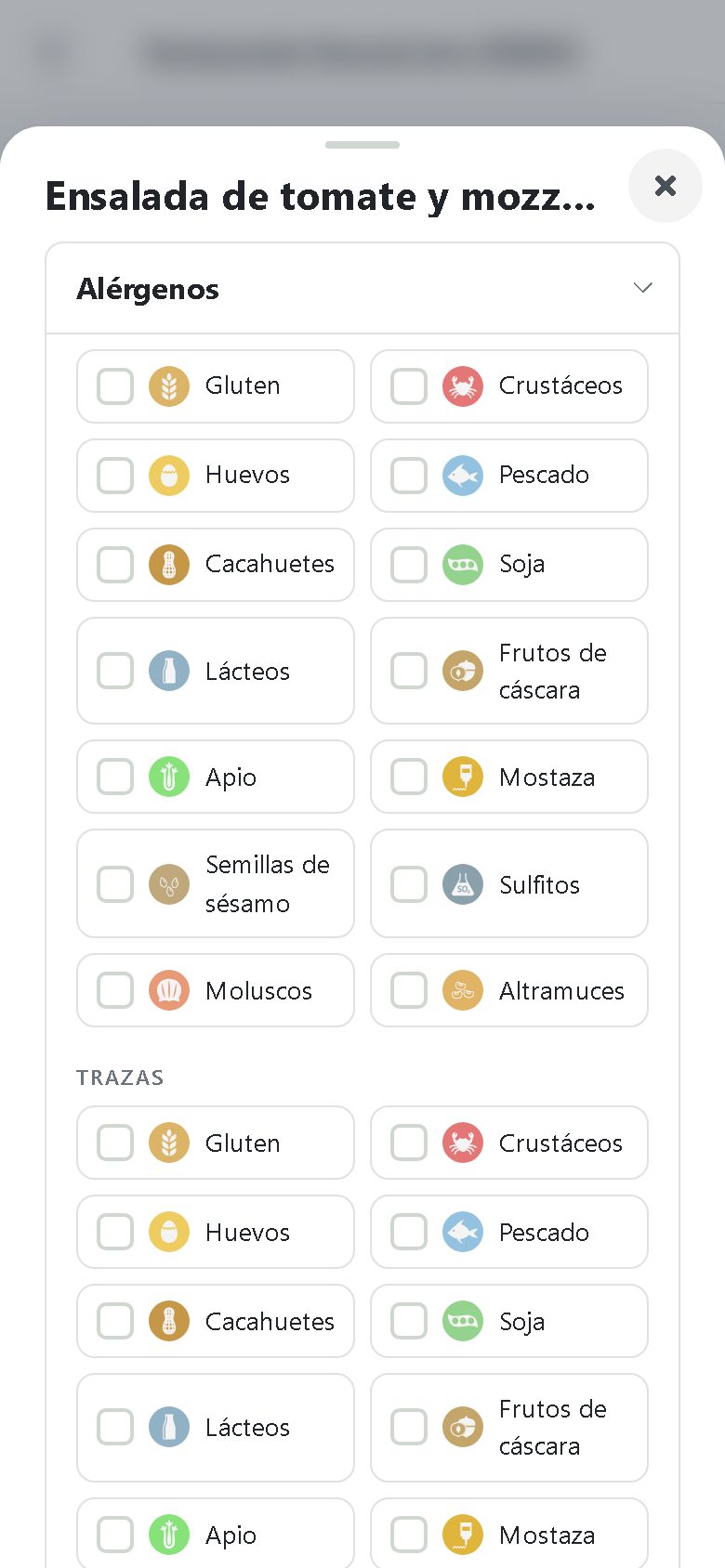Selecting the 14 allergens and the traces of a dish