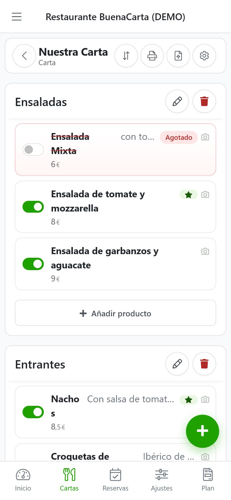 BuenaCarta dashboard: sections and dishes of a menu with visible and sold-out switches