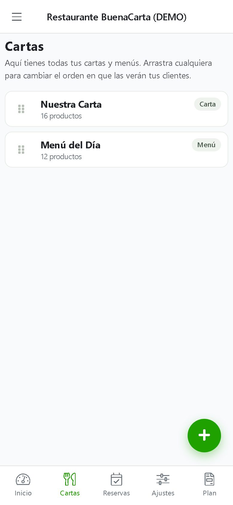 List of the establishment's menus