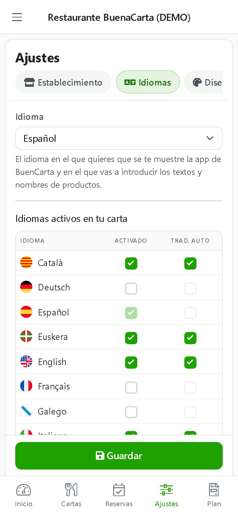 Active languages of the QR menu with automatic AI translation