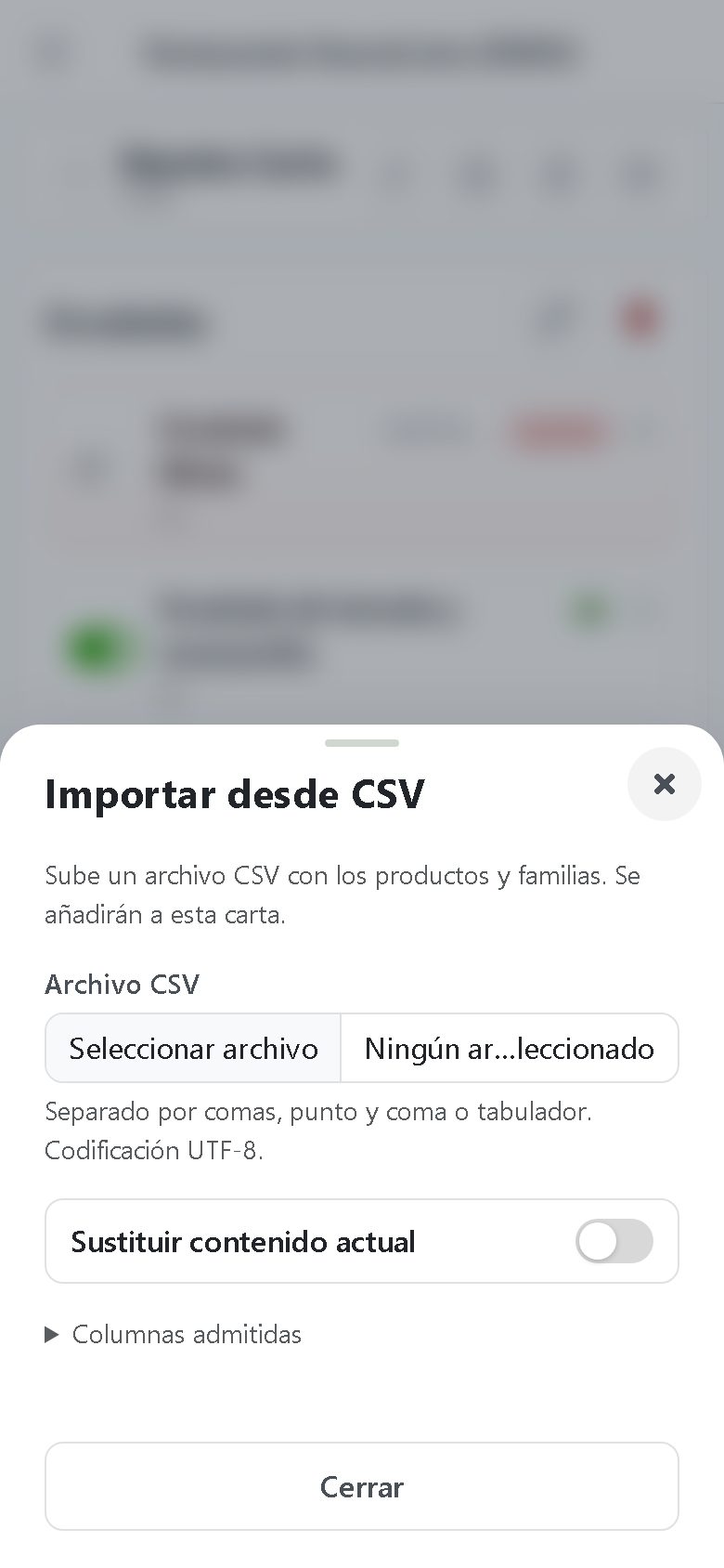 Importing the menu from an Excel sheet