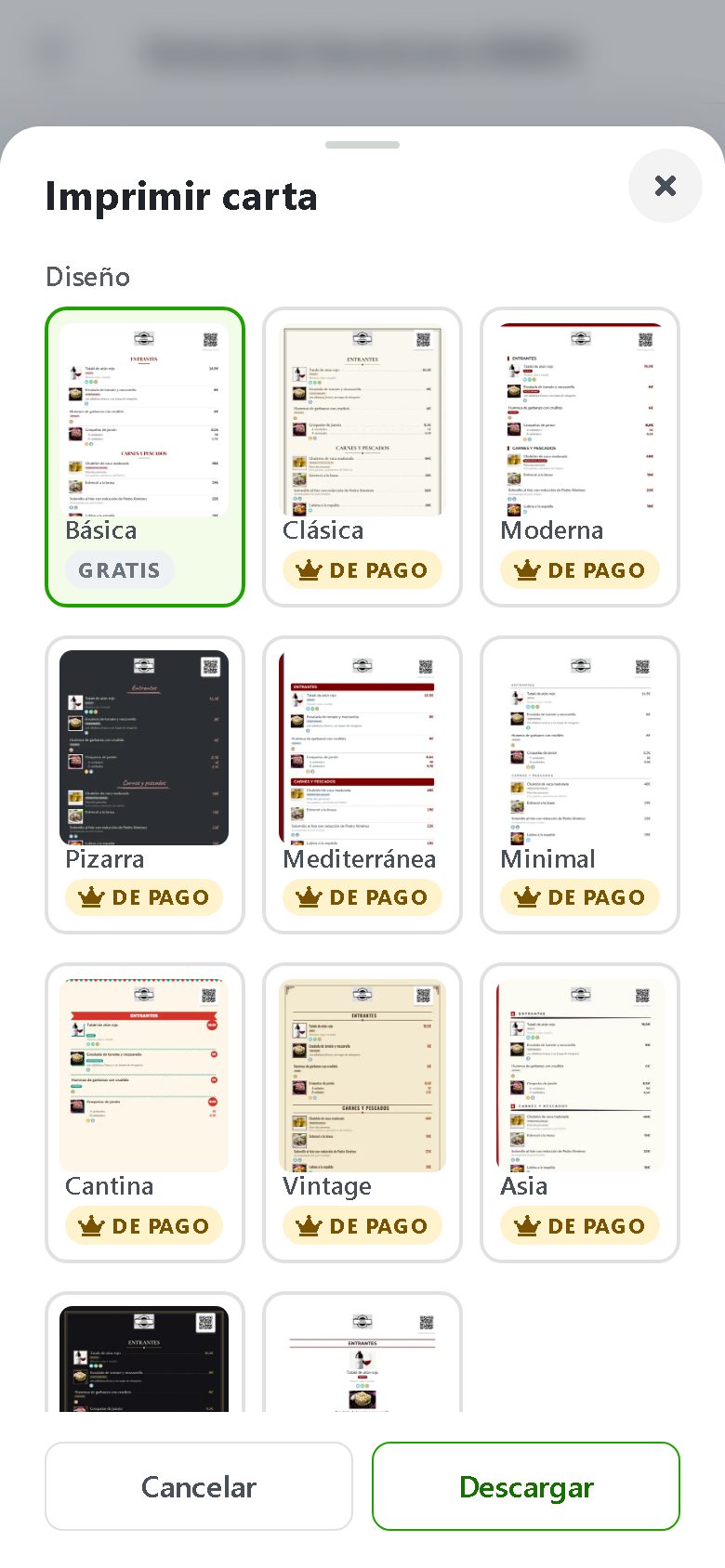 BuenaCarta dashboard: choosing a design to print the menu as a PDF