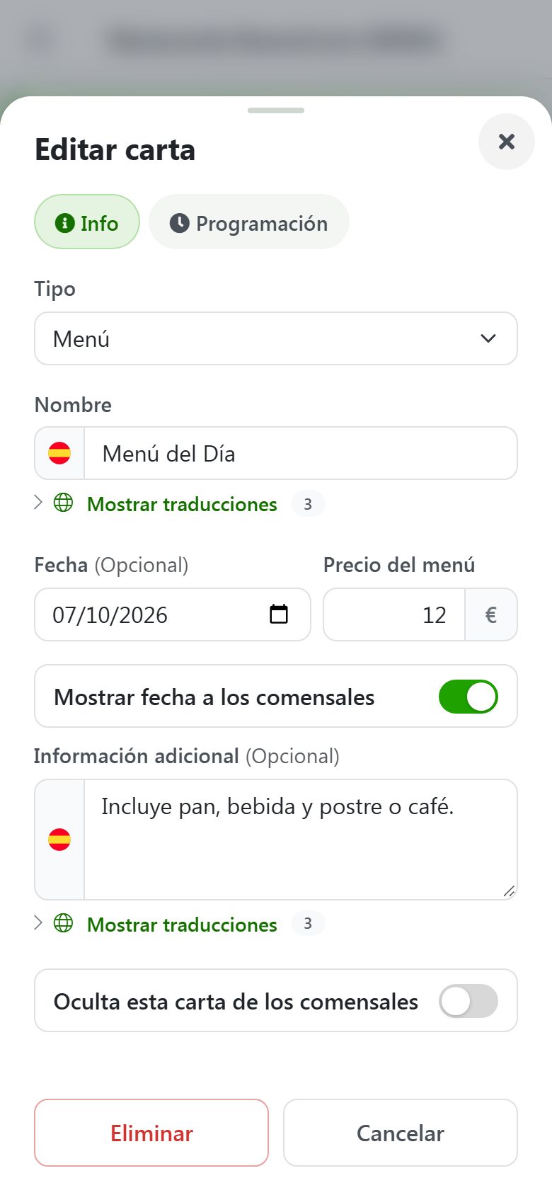 BuenaCarta dashboard: a Set menu with date, set menu price and additional information