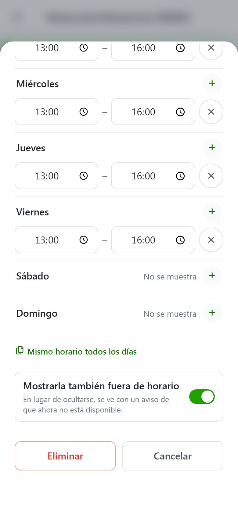 Daily menu scheduling by day of the week and time slot in the BuenaCarta dashboard