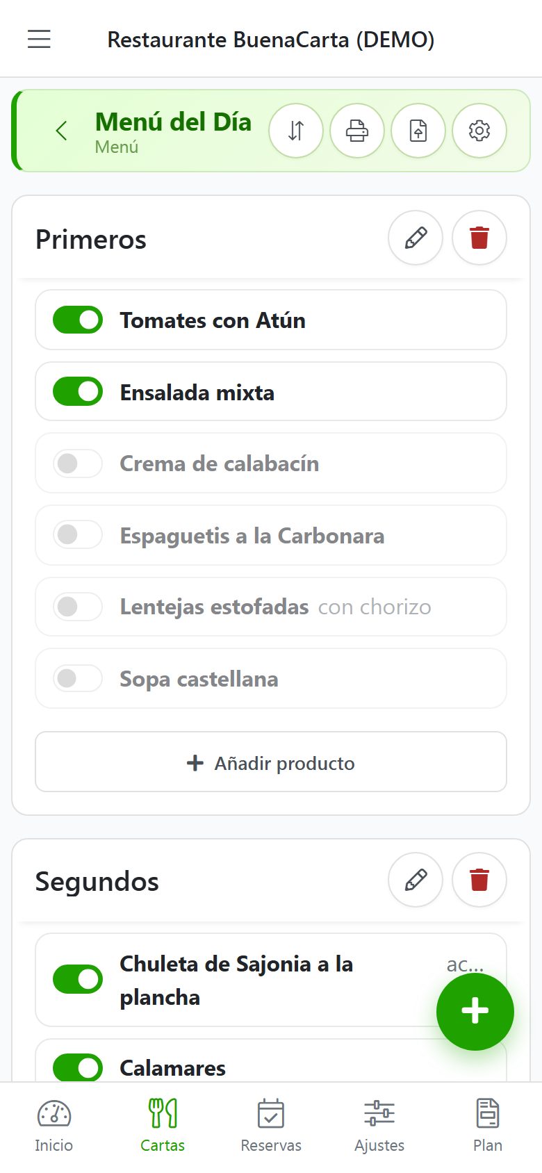 BuenaCarta dashboard: daily menu with a switch to show or hide each dish