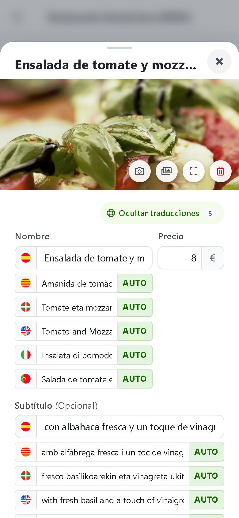 BuenaCarta dashboard: automatic AI translations of a dish into Catalan, Basque, English, Italian and Portuguese