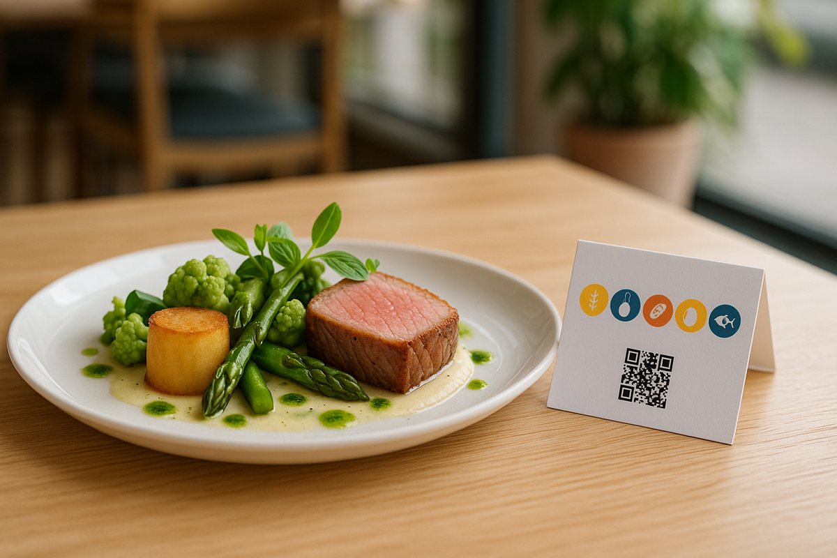 Restaurant dish with an allergen card and a QR code