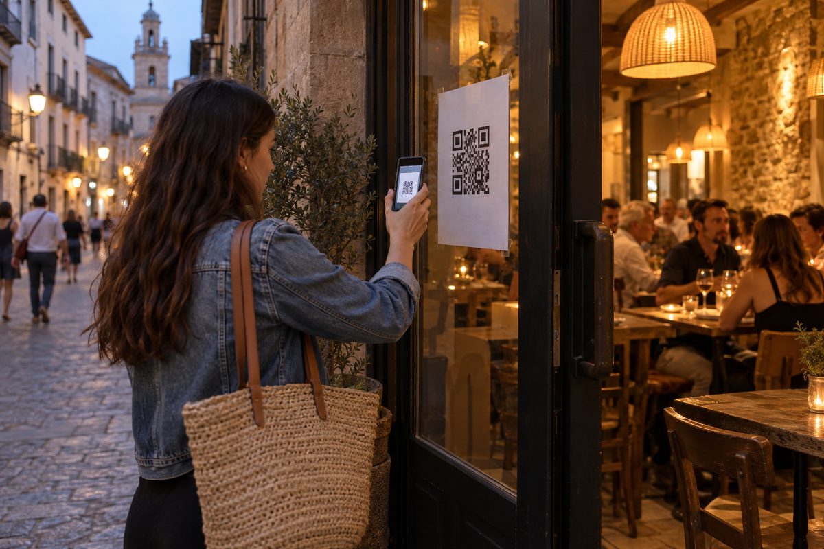 Poster with the menu QR code on a restaurant door, scanned by a customer