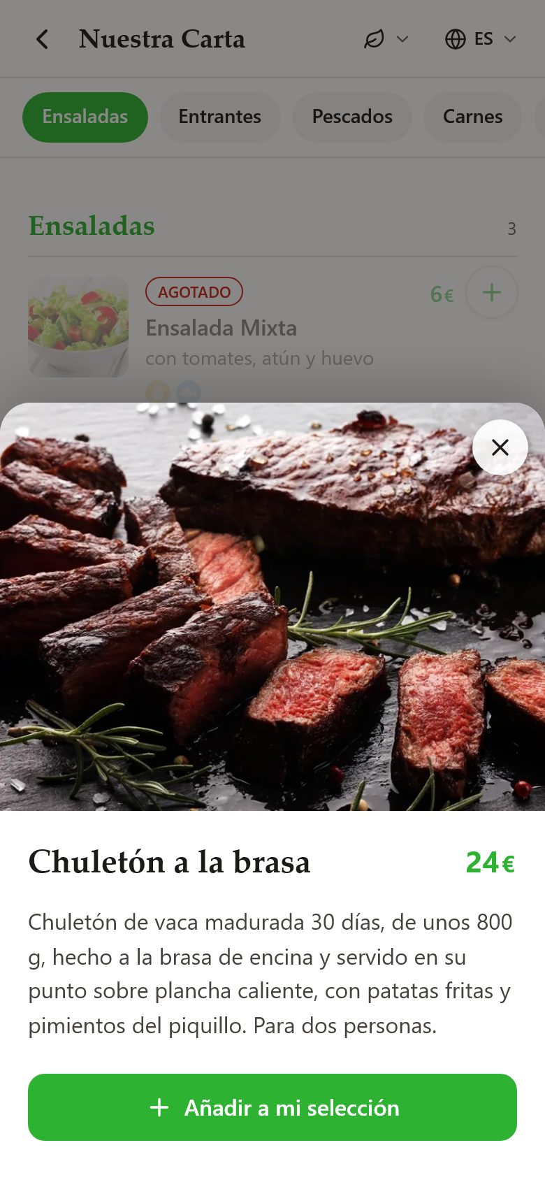 Card of a dish on the QR menu with a full-screen photo and price