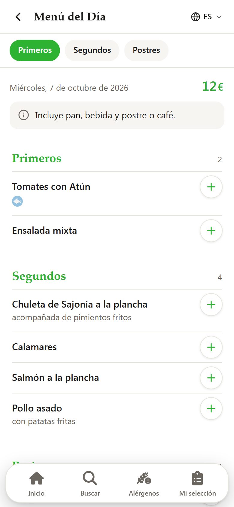 Daily menu on the BuenaCarta QR menu: date, price, additional information and dishes by section