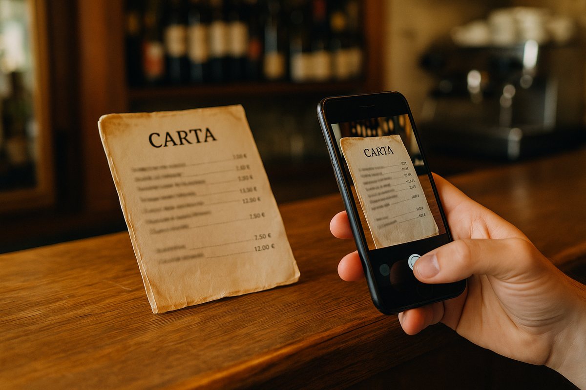 Paper restaurant menu photographed with a phone to digitize it