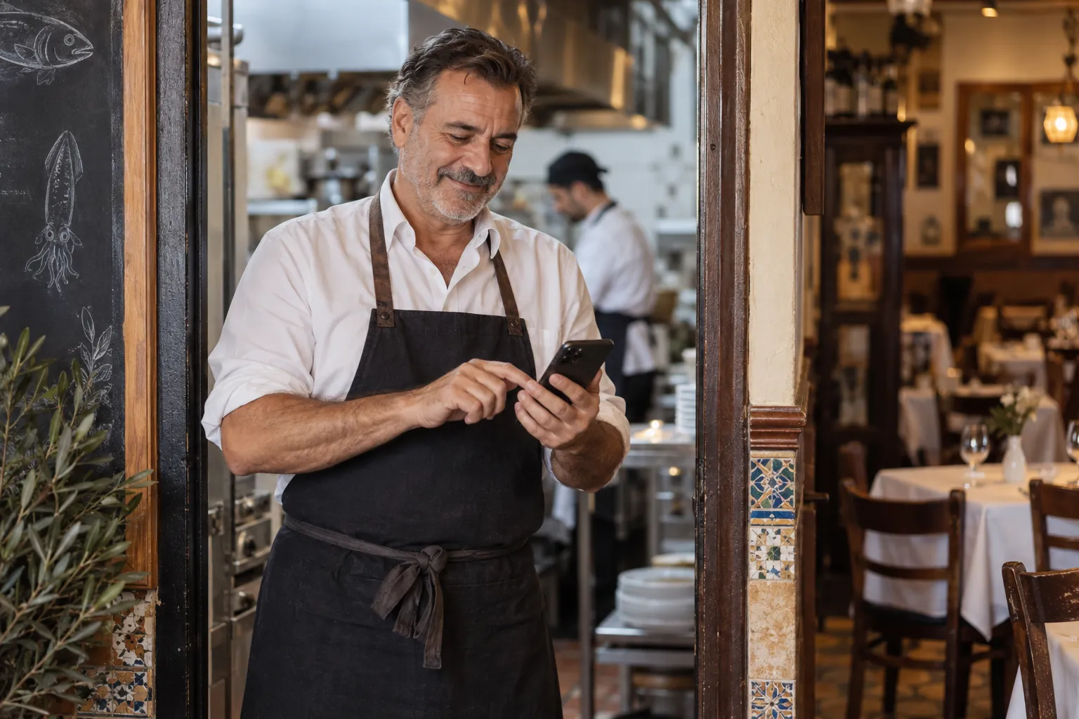 A restaurant owner updates the menu on his phone at the kitchen door