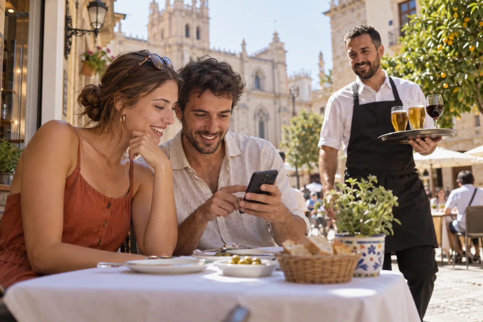Tourists read the restaurant menu in their language on a phone at a terrace table