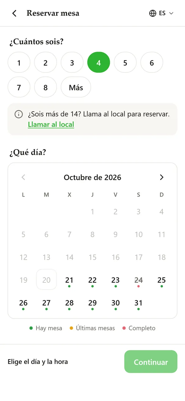 Booking a table from the QR menu: number of people and a calendar showing the days with free tables