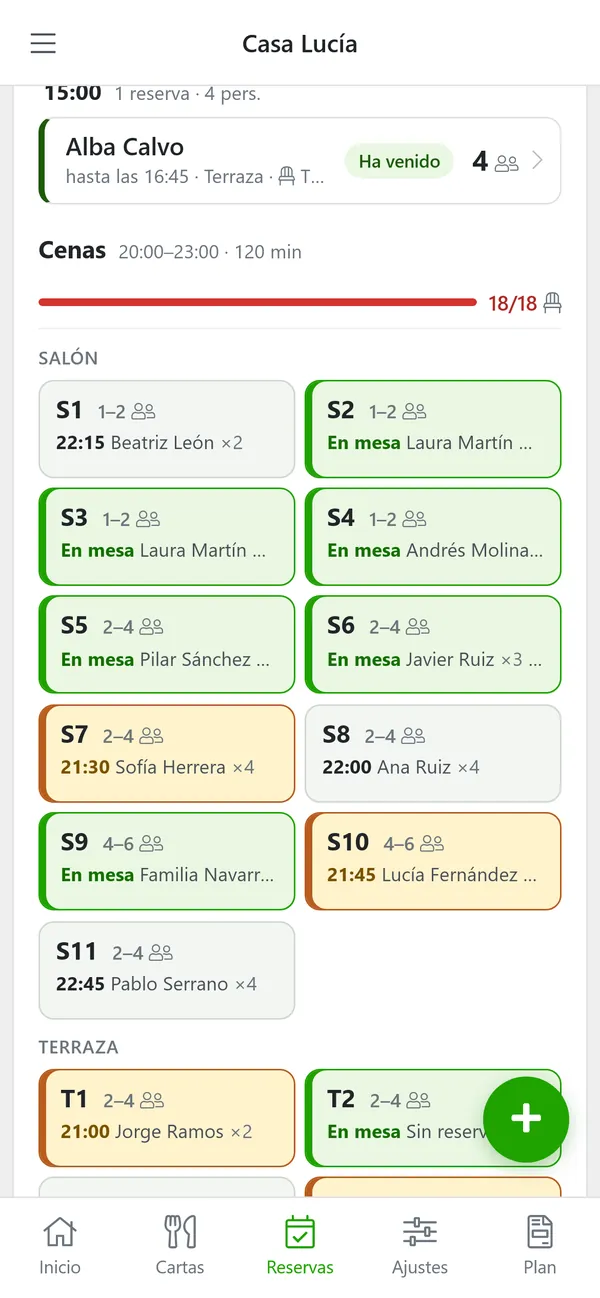Dinner table plan on a phone: seated, booked and late tables
